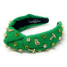 Load image into Gallery viewer, headband for women, Golf Knot headband, golf lover headband, Golf knotted headband, golf top knot headband, golf top knotted headband, Green knotted headband, Golf hair band, Golfer knot headbands, Green color golfer headband, statement headbands, top knotted headband, knotted headband, golf love gifts, golf embellished headband, gemstone knot headband, luxury headband, embellished knot headband, jeweled knot headband, Golf knot embellished headband
