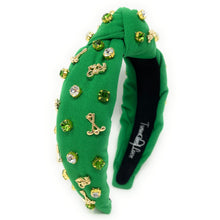 Load image into Gallery viewer, headband for women, Golf Knot headband, golf lover headband, Golf knotted headband, golf top knot headband, golf top knotted headband, Green knotted headband, Golf hair band, Golfer knot headbands, Green color golfer headband, statement headbands, top knotted headband, knotted headband, golf love gifts, golf embellished headband, gemstone knot headband, luxury headband, embellished knot headband, jeweled knot headband, Golf knot embellished headband