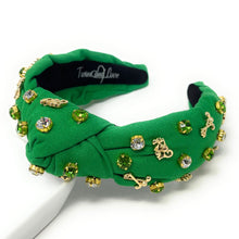 Load image into Gallery viewer, headband for women, Golf Knot headband, golf lover headband, Golf knotted headband, golf top knot headband, golf top knotted headband, Green knotted headband, Golf hair band, Golfer knot headbands, Green color golfer headband, statement headbands, top knotted headband, knotted headband, golf love gifts, golf embellished headband, gemstone knot headband, luxury headband, embellished knot headband, jeweled knot headband, Golf knot embellished headband