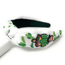 Load image into Gallery viewer, headband for women, succulent beaded Knot headband, bead headbands for women, birthday headbands, top knot headband, beaded top knot headband, Cinco de Mayo knot headband, Cinco de Mayo hair band, Cactus knotted headband, Cactus headband, statement headbands, Cinco de Mayo top knotted headband, knotted headband, party headbands, Cactus knot headband, Horseshoe headbands, star embellished headband, gemstone knot headband, luxury headband, Cinco de Mayo accessories, Cinco de Mayo jeweled knot headband,