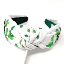 Load image into Gallery viewer, headband for women, succulent beaded Knot headband, bead headbands for women, birthday headbands, top knot headband, beaded top knot headband, Cinco de Mayo knot headband, Cinco de Mayo hair band, Cactus knotted headband, Cactus headband, statement headbands, Cinco de Mayo top knotted headband, knotted headband, party headbands, Cactus knot headband, Horseshoe headbands, star embellished headband, gemstone knot headband, luxury headband, Cinco de Mayo accessories, Cinco de Mayo jeweled knot headband,