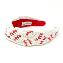 Load image into Gallery viewer, headband for women, baseball Knot headband, baseball lover headband, baseball knotted headband, baseball top knot headband, baseball top knotted headband, white knotted headband, baseball hair band, beaded baseball knot headband, white color baseball headband, statement headbands, top knotted headband, knotted headband, baseball lover gifts, baseball embellished headband, luxury headband, baseball fan gifts, jeweled knot headband, baseball knot embellished headband