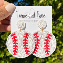 Load image into Gallery viewer, baseball Beaded Earrings, beaded baseball Earrings, Baseball Earrings, white baseball Beaded Earrings, Dodgers earrings, baseball lover beaded earrings, Baseball spirit wear beaded earrings, baseball team spirit earrings, Beaded earrings, baseball bead earrings, baseball seed bead earrings, baseball gifts, baseball sport accessories, baseball lover beaded accessories, Baseball fan accessories, gifts for baseball lover, baseball gifts for mom, best Selling items