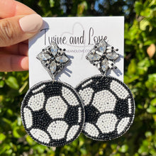 Load image into Gallery viewer, Soccer Beaded Earrings, Soccer ball Earrings, Soccer Earrings, Soccer Beaded Earrings, Soccer Bead earrings, Soccer lover beaded earrings, black and white beaded earrings, Futbol aretes, Aretes de Futbol, Beaded earrings, Black bead earrings, Soccer seed bead earrings, Soccer gifts, Soccer sport accessories, Soccer lover beaded accessories, Tennis accessories, gifts for soccer lover, Soccer gifts for mom, best Selling items, Soccer mom lover