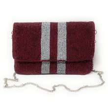 Load image into Gallery viewer, Beaded clutch purse, red beaded clutch, GameDay Purse, hail state Beaded bag, hail state purse, Game Day purse, hail state college football, game day college purse, Alabama beaded purse, best friend gift, college bag, college game day gift, red purse gifts, maroon bead purse, college gifts, college football red clutch, red beaded purse, red with white striped purse, maroon purse with silver stripes, tailgating outfit, tailgating beaded clutch, Football beaded clutch, maroon beaded bag