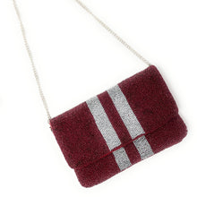 Load image into Gallery viewer, Beaded clutch purse, red beaded clutch, GameDay Purse, hail state Beaded bag, hail state purse, Game Day purse, hail state college football, game day college purse, Alabama beaded purse, best friend gift, college bag, college game day gift, red purse gifts, maroon bead purse, college gifts, college football red clutch, red beaded purse, red with white striped purse, maroon purse with silver stripes, tailgating outfit, tailgating beaded clutch, Football beaded clutch, maroon beaded bag