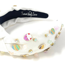 Load image into Gallery viewer, headbands for women, Easter knotted headband, headband style, top knot headband, Easter egg top knot headband, Easter headband, Easter hair band, bunny knot headband, top knotted headband, Bunny knotted headband, handmade headbands, top knotted headband, hand bead knotted headband, Easter bunny hair band, white knot headband, statement headbands, embellished headband, chic headband, Easter knot headband, Easter bunny headband, Easter hair accessories, Easter knot headband, Easter egg Knot headband