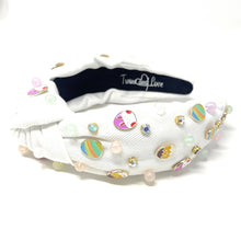 Load image into Gallery viewer, headbands for women, Easter knotted headband, headband style, top knot headband, Easter egg top knot headband, Easter headband, Easter hair band, bunny knot headband, top knotted headband, Bunny knotted headband, handmade headbands, top knotted headband, hand bead knotted headband, Easter bunny hair band, white knot headband, statement headbands, embellished headband, chic headband, Easter knot headband, Easter bunny headband, Easter hair accessories, Easter knot headband, Easter egg Knot headband