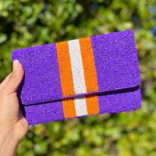 Load image into Gallery viewer, Beaded clutch purse, Clemson tigers beaded clutch, GameDay Purse, gators Beaded bag, go gators purse, Game Day purse, Clemson tigers, game day college purse, purple orange beaded purse, best friend gift, college bag, college game day gift, orange burnt gifts, purple orange beaded purse, college gifts, college football orange clutch, orange striped purse, purple white purse with orange stripes, tailgating outfit, tailgating beaded clutch, Football beaded clutch, clemson fans gifts