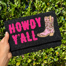 Load image into Gallery viewer, HOWDY Beaded Clutch Purse, black Beaded Clutch Bag, Beaded Clutch Purse, Country Girl Gifts, Party Clutch Purse, Birthday Gift, Bridal Gift, Party Bag, gold Beaded clutch purse, Howdy seed bead clutch, yeehaw accessories, engagement gift, gifts for bachelorette, crossbody purse, best friend gifts, yeehaw clutch, yeehaw beaded purse, cowgirl purse, western purse, country music lover gifts, lets go girls, bachelorette gifts, yeehaw beaded clutch, black seed clutch, evening bags, evening clutches