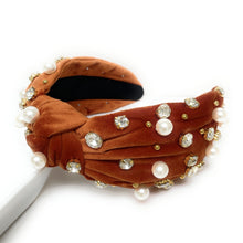 Load image into Gallery viewer, headbands for women, Wide headband, handmade headbands, top knotted headband, knotted headband, hair band for women, embellished headband, rhinestone headband, gemstone headband for women, luxury headband, jeweled headband for women, knotted jeweled headband, bling headband, embellished knot headband, luxury knot headband, pearly headbands, pearly rhinestone headband, fall hair accessories, fall headbands, winter headbands, velvet jeweled headband, embellished headband, best selling items