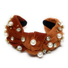 Load image into Gallery viewer, headbands for women, Wide headband, handmade headbands, top knotted headband, knotted headband, hair band for women, embellished headband, rhinestone headband, gemstone headband for women, luxury headband, jeweled headband for women, knotted jeweled headband, bling headband, embellished knot headband, luxury knot headband, pearly headbands, pearly rhinestone headband, fall hair accessories, fall headbands, winter headbands, velvet jeweled headband, embellished headband, best selling items