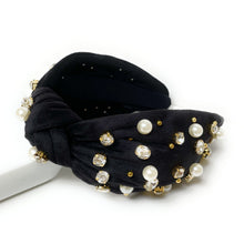 Load image into Gallery viewer, headbands for women, Wide headband, handmade headbands, top knotted headband, knotted headband, hair band for women, embellished headband, rhinestone headband, gemstone headband for women, luxury headband, jeweled headband for women, knotted jeweled headband, bling headband, embellished knot headband, luxury knot headband, pearly headbands, pearly rhinestone headband, fall hair accessories, fall headbands, winter headbands, velvet jeweled headband, embellished headband, best selling items