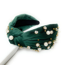 Load image into Gallery viewer, headbands for women, Wide headband, handmade headbands, top knotted headband, knotted headband, hair band for women, embellished headband, rhinestone headband, gemstone headband for women, luxury headband, jeweled headband for women, knotted jeweled headband, bling headband, embellished knot headband, luxury knot headband, pearly headbands, pearly rhinestone headband, fall hair accessories, fall headbands, winter headbands, velvet jeweled headband, embellished headband, best selling items