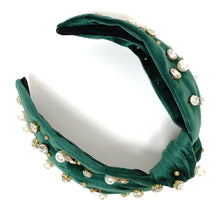 Load image into Gallery viewer, headbands for women, Wide headband, handmade headbands, top knotted headband, knotted headband, hair band for women, embellished headband, rhinestone headband, gemstone headband for women, luxury headband, jeweled headband for women, knotted jeweled headband, bling headband, embellished knot headband, luxury knot headband, pearly headbands, pearly rhinestone headband, fall hair accessories, fall headbands, winter headbands, velvet jeweled headband, embellished headband, best selling items
