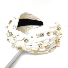 Load image into Gallery viewer, headbands for women, Wide headband, handmade headbands, top knotted headband, knotted headband, hair band for women, embellished headband, rhinestone headband, gemstone headband for women, luxury headband, jeweled headband for women, knotted jeweled headband, bling headband, embellished knot headband, luxury knot headband, pearly headbands, pearly rhinestone headband, fall hair accessories, fall headbands, winter headbands, velvet jeweled headband, embellished headband, best selling items