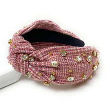 Load image into Gallery viewer, headbands for women, Wide headband, handmade headbands, top knotted headband, knotted headband, hair band for women, embellished headband, rhinestone headband, gemstone headband for women, luxury headband, jeweled headband for women, knotted jeweled headband, bling headband, embellished knot headband, luxury knot headband, pearly headbands, pearly rhinestone headband, fall hair accessories, fall headbands, winter headbands, plain jeweled headband, embellished plaid headband, best selling items