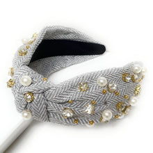 Load image into Gallery viewer, headbands for women, Wide headband, handmade headbands, top knotted headband, knotted headband, hair band for women, embellished headband, rhinestone headband, gemstone headband for women, luxury headband, jeweled headband for women, knotted jeweled headband, bling headband, embellished knot headband, luxury knot headband, pearly headbands, pearly rhinestone headband, fall hair accessories, fall headbands, winter headbands, plain jeweled headband, embellished plaid headband, best selling items