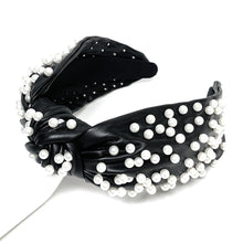 Load image into Gallery viewer, headband for women, fashion headbands, womens headband, headbands for women, stylish headbands, headband style, top knot headband, woven top knot headband, head band, hair band, trendy headbands, top knotted headband, neutral headband, wide leather headbands, handmade headbands, top knotted headband, knotted headband, head band, hair band for women, statement headbands, twist knotted headband, pearly knot headband, leather headband, pearl headband, cluster pearl headband, Black leather headband