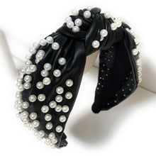 Load image into Gallery viewer, headband for women, fashion headbands, womens headband, headbands for women, stylish headbands, headband style, top knot headband, woven top knot headband, head band, hair band, trendy headbands, top knotted headband, neutral headband, wide leather headbands, handmade headbands, top knotted headband, knotted headband, head band, hair band for women, statement headbands, twist knotted headband, pearly knot headband, leather headband, pearl headband, cluster pearl headband, Black leather headband