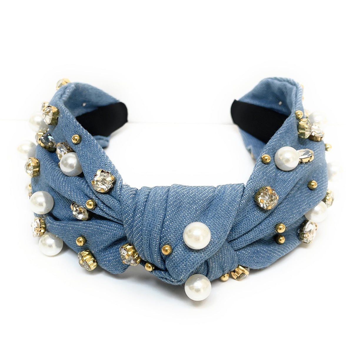Elegant Dark Wash Denim Headband with Beaded & Jeweled Butterfly Denim Headbands | Blue Jean Headbands | Twine and Love main image 4
