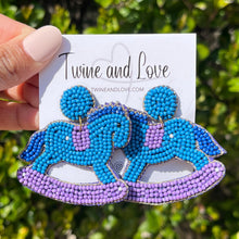 Load image into Gallery viewer, baby shower Beaded Earrings, beaded baby shower Earrings, Gender reveal Earrings, Gender reveal Beaded Earrings, blue pink earrings, Horse rocker beaded earrings, New mom beaded earrings, Blue earrings, Beaded earrings, Baby shower bead earrings, gender reveal seed bead earrings, baby shower gifts, gender reveal gifts, baby shower accessories, baby shower beaded accessories, gender reveal accessories, gifts for new moms, first time gifts for mom, best Selling items