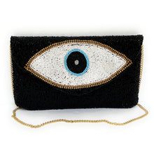 Load image into Gallery viewer, Evil Eye Beaded Clutch, Black Bead Clutch Bag, Black Beaded Clutch Purse, Wedding Clutch Bag, Party Clutch Purse, Evening Beaded Clutch, evening clutch, evening clutches, party purse, beaded clutch purse, engagement gift, cross body purse, crossbody handbag, best friend gifts, beaded clutches, black beaded purse, black clutch purse, turkey eye bead clutch, evening purses, wedding clutches, party clutch purse, silver evening clutch, fancy evening clutches, elegant evening clutches, turkey eye accessories