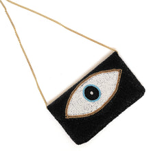 Load image into Gallery viewer, Evil Eye Beaded Clutch, Black Bead Clutch Bag, Black Beaded Clutch Purse, Wedding Clutch Bag, Party Clutch Purse, Evening Beaded Clutch, evening clutch, evening clutches, party purse, beaded clutch purse, engagement gift, cross body purse, crossbody handbag, best friend gifts, beaded clutches, black beaded purse, black clutch purse, turkey eye bead clutch, evening purses, wedding clutches, party clutch purse, silver evening clutch, fancy evening clutches, elegant evening clutches, turkey eye accessories