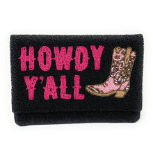 Load image into Gallery viewer, HOWDY Beaded Clutch Purse, black Beaded Clutch Bag, Beaded Clutch Purse, Country Girl Gifts, Party Clutch Purse, Birthday Gift, Bridal Gift, Party Bag, gold Beaded clutch purse, Howdy seed bead clutch, yeehaw accessories, engagement gift, gifts for bachelorette, crossbody purse, best friend gifts, yeehaw clutch, yeehaw beaded purse, cowgirl purse, western purse, country music lover gifts, lets go girls, bachelorette gifts, yeehaw beaded clutch, black seed clutch, evening bags, evening clutches