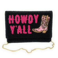 Load image into Gallery viewer, HOWDY Beaded Clutch Purse, black Beaded Clutch Bag, Beaded Clutch Purse, Country Girl Gifts, Party Clutch Purse, Birthday Gift, Bridal Gift, Party Bag, gold Beaded clutch purse, Howdy seed bead clutch, yeehaw accessories, engagement gift, gifts for bachelorette, crossbody purse, best friend gifts, yeehaw clutch, yeehaw beaded purse, cowgirl purse, western purse, country music lover gifts, lets go girls, bachelorette gifts, yeehaw beaded clutch, black seed clutch, evening bags, evening clutches
