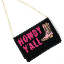 Load image into Gallery viewer, HOWDY Beaded Clutch Purse, black Beaded Clutch Bag, Beaded Clutch Purse, Country Girl Gifts, Party Clutch Purse, Birthday Gift, Bridal Gift, Party Bag, gold Beaded clutch purse, Howdy seed bead clutch, yeehaw accessories, engagement gift, gifts for bachelorette, crossbody purse, best friend gifts, yeehaw clutch, yeehaw beaded purse, cowgirl purse, western purse, country music lover gifts, lets go girls, bachelorette gifts, yeehaw beaded clutch, black seed clutch, evening bags, evening clutches