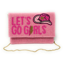 Load image into Gallery viewer, Let’s go girls Beaded Clutch Purse, Pink Beaded Clutch Bag, Beaded Clutch Purse, Country Girl Gifts, Party Clutch Purse, Birthday Gift, Bridal Gift, Party Bag, Pink Beaded clutch purse, Lets go girls seed bead clutch, lets go girls accessories, engagement gift, gifts for bachelorette, crossbody purse, best friend gifts, yeehaw clutch, Lets go girls beaded purse, cowgirl purse, western purse, country music lover gifts, lets go girls, bachelorette gifts, pink seed clutch, evening bags, evening clutches