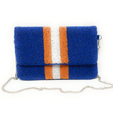 Load image into Gallery viewer, Beaded clutch purse, gators beaded clutch, GameDay Purse, gators Beaded bag, go gators purse, Game Day purse, Gators florida, game day college purse, blue orange beaded purse, best friend gift, college bag, college game day gift, orange burnt gifts, royal blue beaded purse, college gifts, college football orange clutch, royal blue orange beaded purse, blue striped purse, blue white purse with orange stripes, tailgating outfit, tailgating beaded clutch, Football beaded clutch, go gators fans gifts