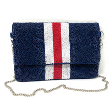 Load image into Gallery viewer, Beaded clutch purse, hotty toddy  beaded clutch, GameDay Purse, ole miss Beaded bag, Ole Miss purse, Game Day purse, Hotty Toddy game day college purse, purple orange beaded purse, best friend gift, college bag, college game day gift, Ol Miss gifts, dark blue beaded purse, college gifts, college football orange clutch, red white striped purse, blue red purse with white stripes, tailgating outfit, tailgating beaded clutch, Football beaded clutch, ole miss fans gifts