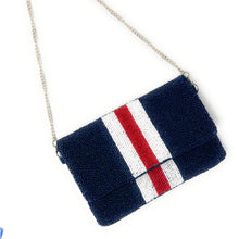 Load image into Gallery viewer, Beaded clutch purse, hotty toddy  beaded clutch, GameDay Purse, ole miss Beaded bag, Ole Miss purse, Game Day purse, Hotty Toddy game day college purse, purple orange beaded purse, best friend gift, college bag, college game day gift, Ol Miss gifts, dark blue beaded purse, college gifts, college football orange clutch, red white striped purse, blue red purse with white stripes, tailgating outfit, tailgating beaded clutch, Football beaded clutch, ole miss fans gifts