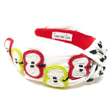 Load image into Gallery viewer, headband for women, apple beaded Knot headband, bead headbands for women, birthday headbands, top knot headband, beaded top knot headband, Apples knot headband, Teacher appreciation gifts, Apple hair band, White knotted headband, Apple motif headband, statement headbands, top knotted headband with apples, knotted headband, party headbands, Summer knot headband, Teacher headbands, Gifts for teachers, Teacher gift ideas, Teacher must have