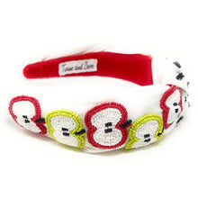 Load image into Gallery viewer, headband for women, apple beaded Knot headband, bead headbands for women, birthday headbands, top knot headband, beaded top knot headband, Apples knot headband, Teacher appreciation gifts, Apple hair band, White knotted headband, Apple motif headband, statement headbands, top knotted headband with apples, knotted headband, party headbands, Summer knot headband, Teacher headbands, Gifts for teachers, Teacher gift ideas, Teacher must have