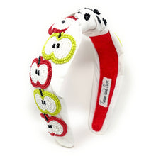 Load image into Gallery viewer, headband for women, apple beaded Knot headband, bead headbands for women, birthday headbands, top knot headband, beaded top knot headband, Apples knot headband, Teacher appreciation gifts, Apple hair band, White knotted headband, Apple motif headband, statement headbands, top knotted headband with apples, knotted headband, party headbands, Summer knot headband, Teacher headbands, Gifts for teachers, Teacher gift ideas, Teacher must have