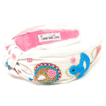 Load image into Gallery viewer, headband for women, gender reveal Knot headband, baby shower headbands, baby shower knotted headband, gender reveal top knot headband, blue pink top knot headband, Gender reveal knotted headband, Baby shower hair band, baby reveal knot headbands, Blue Pink color headband, statement headbands, top knotted headband, knotted headband, mom to be gifts, baby shower embellished headband, gemstone knot headband, luxury headband, embellished knot headband, jeweled knot headband, Gender reveal embellished headband