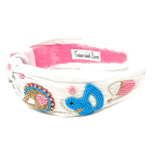 Load image into Gallery viewer, headband for women, gender reveal Knot headband, baby shower headbands, baby shower knotted headband, gender reveal top knot headband, blue pink top knot headband, Gender reveal knotted headband, Baby shower hair band, baby reveal knot headbands, Blue Pink color headband, statement headbands, top knotted headband, knotted headband, mom to be gifts, baby shower embellished headband, gemstone knot headband, luxury headband, embellished knot headband, jeweled knot headband, Gender reveal embellished headband