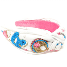 Load image into Gallery viewer, headband for women, gender reveal Knot headband, baby shower headbands, baby shower knotted headband, gender reveal top knot headband, blue pink top knot headband, Gender reveal knotted headband, Baby shower hair band, baby reveal knot headbands, Blue Pink color headband, statement headbands, top knotted headband, knotted headband, mom to be gifts, baby shower embellished headband, gemstone knot headband, luxury headband, embellished knot headband, jeweled knot headband, Gender reveal embellished headband