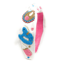 Load image into Gallery viewer, headband for women, gender reveal Knot headband, baby shower headbands, baby shower knotted headband, gender reveal top knot headband, blue pink top knot headband, Gender reveal knotted headband, Baby shower hair band, baby reveal knot headbands, Blue Pink color headband, statement headbands, top knotted headband, knotted headband, mom to be gifts, baby shower embellished headband, gemstone knot headband, luxury headband, embellished knot headband, jeweled knot headband, Gender reveal embellished headband