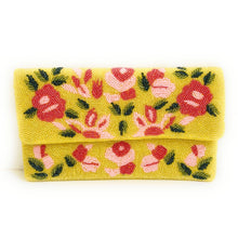 Load image into Gallery viewer, yellow flowers beaded clutch purse, birthday gift for her, summer clutch, seed bead purse, beaded bag, palm leaf handbang, beaded bag, seed bead clutch, summer bag, birthday gift for her, clutch bag, seed bead purse, engagement gift, bridal gift to bride, bridal gift, yellow pink purse, gifts to bride, yellow beaded clutch, wedding gift, bride gifts, beaded clutch purse, birthday gift for her, summer clutch, seed bead purse, beaded bag, summer bag, boho purse, pink florals purse, yellow color purse