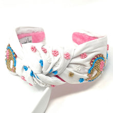 Load image into Gallery viewer, headband for women, gender reveal Knot headband, baby shower headbands, baby shower knotted headband, gender reveal top knot headband, blue pink top knot headband, Gender reveal knotted headband, Baby shower hair band, baby reveal knot headbands, Blue Pink color headband, statement headbands, top knotted headband, knotted headband, mom to be gifts, baby shower embellished headband, gemstone knot headband, luxury headband, embellished knot headband, jeweled knot headband, Gender reveal embellished headband