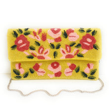 Load image into Gallery viewer, yellow flowers beaded clutch purse, birthday gift for her, summer clutch, seed bead purse, beaded bag, palm leaf handbang, beaded bag, seed bead clutch, summer bag, birthday gift for her, clutch bag, seed bead purse, engagement gift, bridal gift to bride, bridal gift, yellow pink purse, gifts to bride, yellow beaded clutch, wedding gift, bride gifts, beaded clutch purse, birthday gift for her, summer clutch, seed bead purse, beaded bag, summer bag, boho purse, pink florals purse, yellow color purse