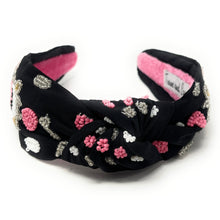 Load image into Gallery viewer, headband for women, cow Knot headband, cow headbands, baby shower knotted headband, cow top knot headband, black top knot headband, cow knotted headband, cow hair band, Cow gender reveal party headbands, black Pink color headband, statement headbands, top knotted headband, knotted headband, mom to be gifts, cow embellished headband, gemstone knot headband, luxury headband, embellished knot headband, jeweled knot headband, Cow embellished headband, cow party favors