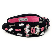 Load image into Gallery viewer, headband for women, cow Knot headband, cow headbands, baby shower knotted headband, cow top knot headband, black top knot headband, cow knotted headband, cow hair band, Cow gender reveal party headbands, black Pink color headband, statement headbands, top knotted headband, knotted headband, mom to be gifts, cow embellished headband, gemstone knot headband, luxury headband, embellished knot headband, jeweled knot headband, Cow embellished headband, cow party favors