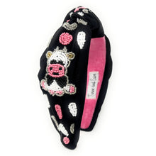 Load image into Gallery viewer, headband for women, cow Knot headband, cow headbands, baby shower knotted headband, cow top knot headband, black top knot headband, cow knotted headband, cow hair band, Cow gender reveal party headbands, black Pink color headband, statement headbands, top knotted headband, knotted headband, mom to be gifts, cow embellished headband, gemstone knot headband, luxury headband, embellished knot headband, jeweled knot headband, Cow embellished headband, cow party favors