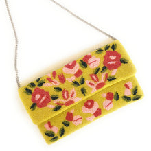 Load image into Gallery viewer, yellow flowers beaded clutch purse, birthday gift for her, summer clutch, seed bead purse, beaded bag, palm leaf handbang, beaded bag, seed bead clutch, summer bag, birthday gift for her, clutch bag, seed bead purse, engagement gift, bridal gift to bride, bridal gift, yellow pink purse, gifts to bride, yellow beaded clutch, wedding gift, bride gifts, beaded clutch purse, birthday gift for her, summer clutch, seed bead purse, beaded bag, summer bag, boho purse, pink florals purse, yellow color purse
