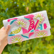 Load image into Gallery viewer, pink flowers beaded clutch purse, birthday gift for her, summer clutch, seed bead purse, beaded bag, tropical handbag, beaded bag, seed bead clutch, summer bag, birthday gift, clutch bag, best friend gifts, engagement gift, bridal gift to bride, bridal gift, floral beaded clutch, floral bead purse, wedding gift, bride gifts, beaded clutch purse, summer clutch, beaded bag, summer bag, boho purse, pink beaded clutch purse, pink orange purse, dahlia flowers purse, best selling items, best seller